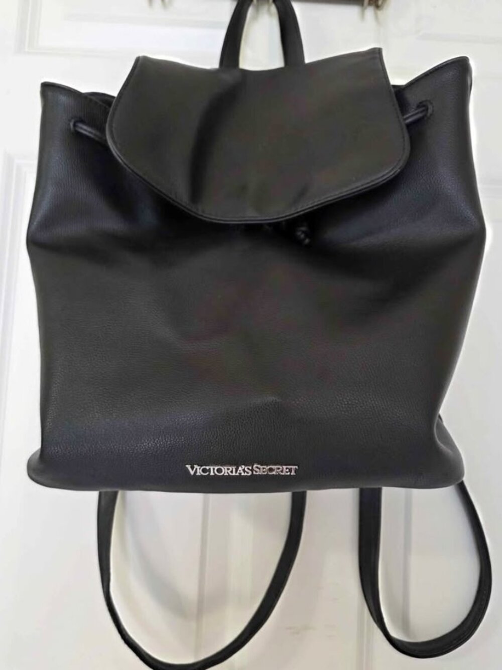 Victoria’s Secret Black Pebbled Faux Leather Flap Cinch Backpack Purse
